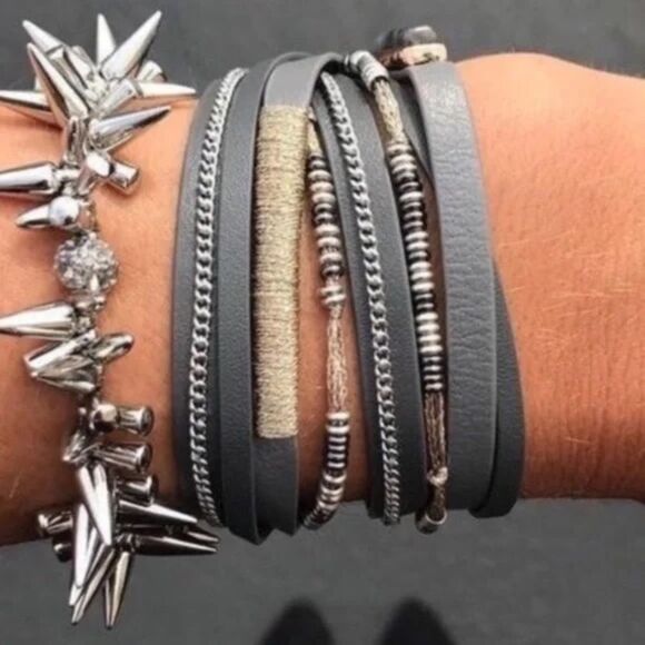 stella & dot ~ yves leather wrap bracelet ~ black gray gold mixed metal - Picture 1 of 3
